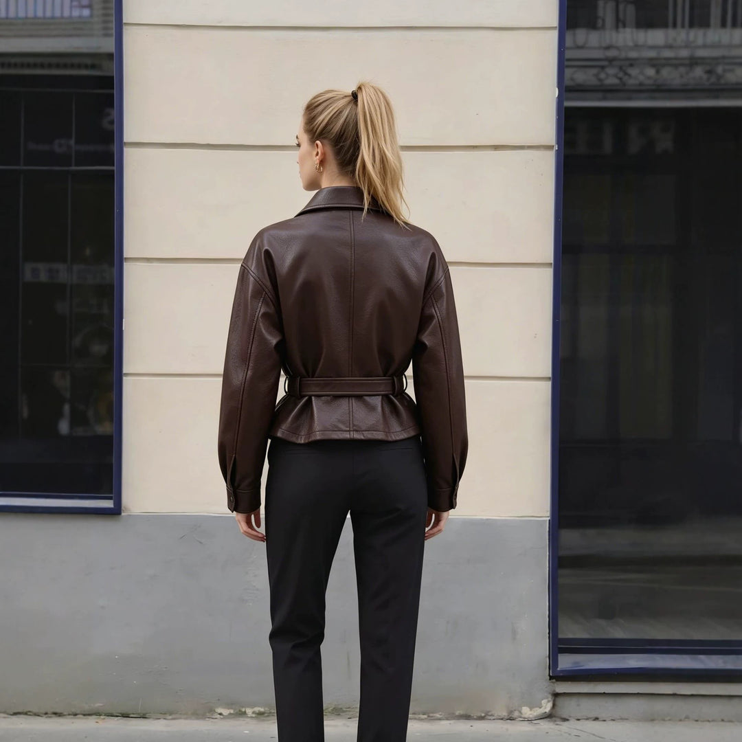 Damen Lederjacke mit Taillengürtel und Oversized-Schnitt Nord Taschen