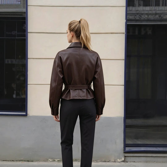 Damen Lederjacke mit Taillengürtel und Oversized-Schnitt Nord Taschen