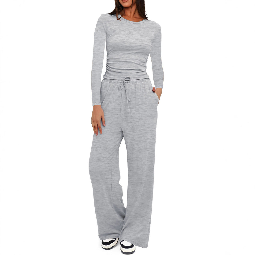 Damen Figurbetontes Longsleeve mit seitlicher Raffung und High-Waist Palazzo-Jogginghose Set Nord Taschen