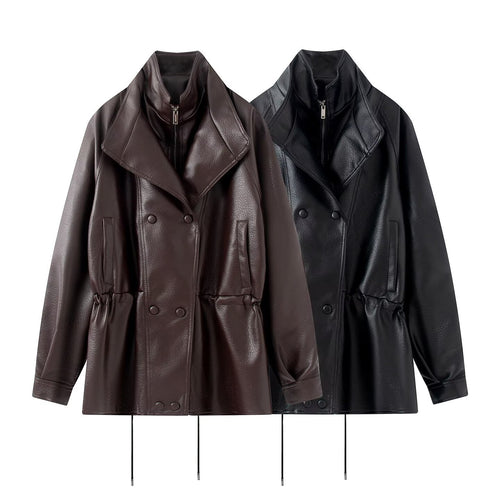 Damen Doppelreihige Kunstlederjacke mit Stehkragen, weitem Revers und Tunnelzug Nord Taschen