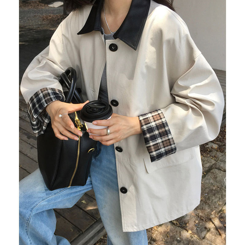 Damen Oversized Trenchcoat mit Kontrastkragen und karierten Umschlagmanschetten Nord Taschen