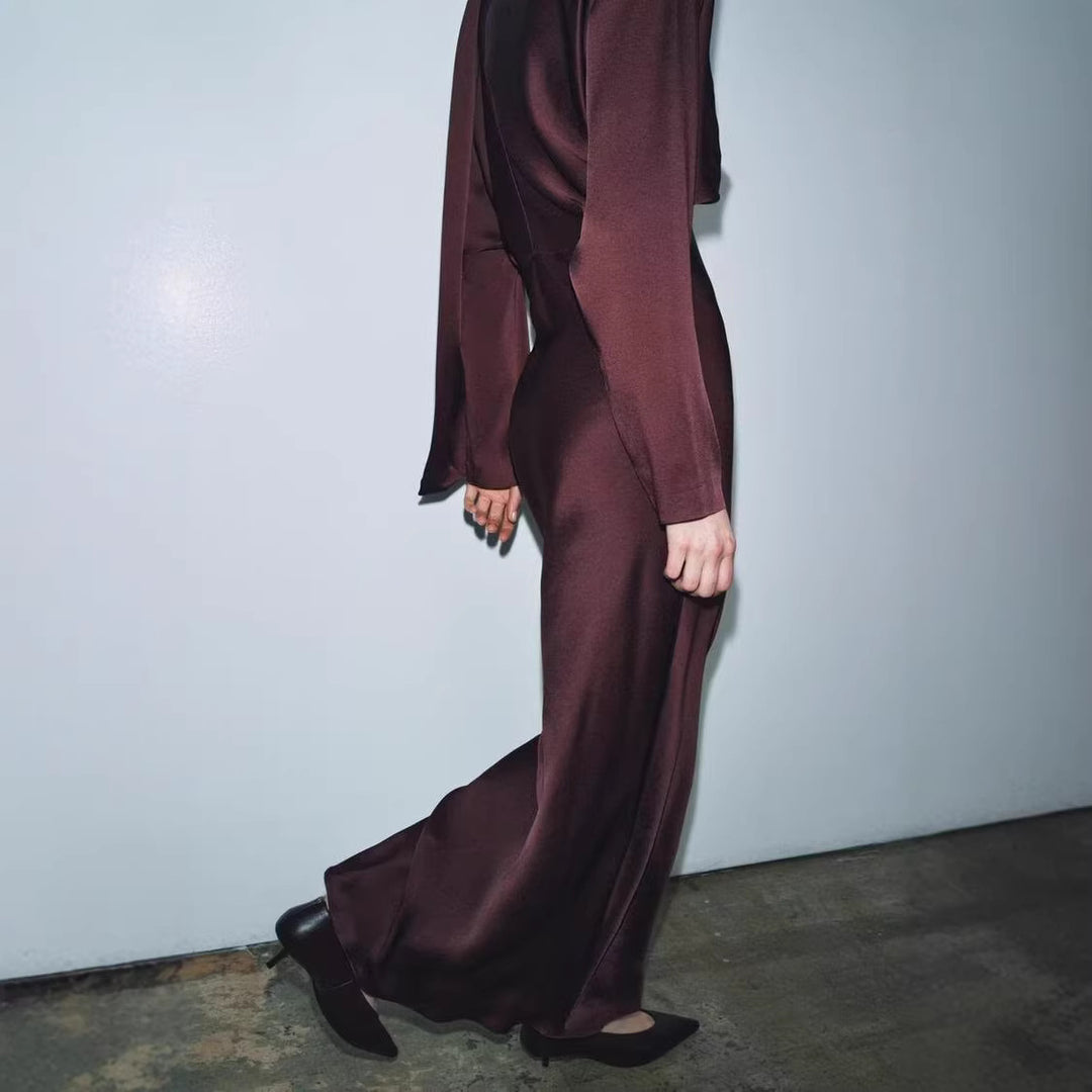 Damen Midikleid aus Satin mit tiefem V-Ausschnitt, langen Ärmeln und Schalkragen Nord Taschen