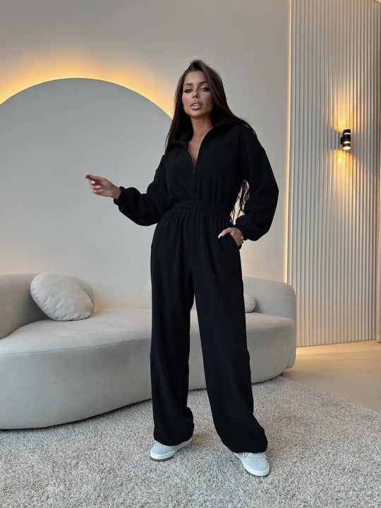 Damen eleganter Lounge-Overall mit elastischer Taillenpartie, Stehkragen, Reißverschluss und weitem Bein Nord Taschen