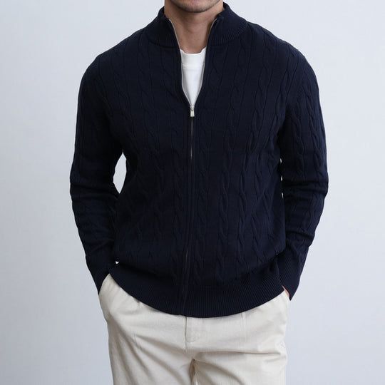 Herren Feiner Zopfmuster-Halbzip-Cardigan mit Rippkragen und silbernem Reißverschluss Nord Taschen