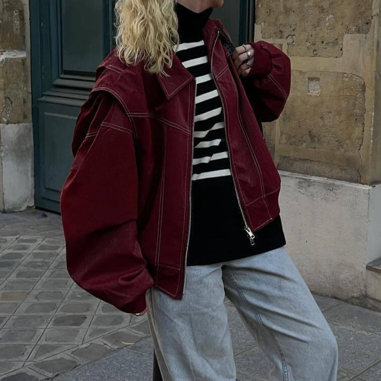 Damen Kunstlederjacke mit elastischen Bündchen und hochschließendem Kragen