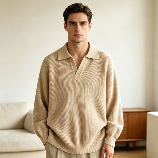 Unisex Oversized Feinstrick-Polo-Pullover mit offenem V‑Ausschnitt und lässiger Silhouette Nord Taschen