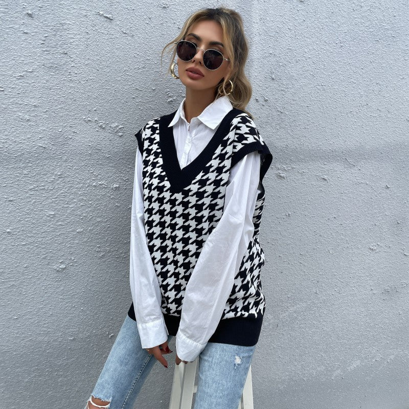 Damen Oversize Strickweste mit Hahnentrittmuster und V-Ausschnitt Nord Taschen