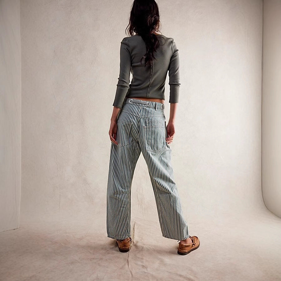 Damen lässige gestreifte Leinenhose mit Kordelzug und aufgesetzten Taschen Nord Taschen