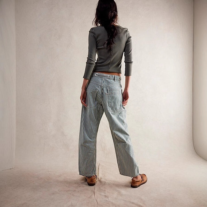 Damen lässige gestreifte Leinenhose mit Kordelzug und aufgesetzten Taschen Nord Taschen