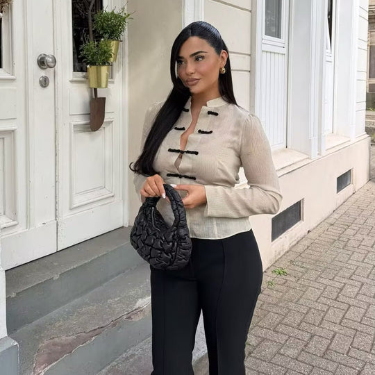 Damen Kurzjacke mit Stehkragen, chinesischen Kordelverschlüssen und Nadelstreifen Nord Taschen