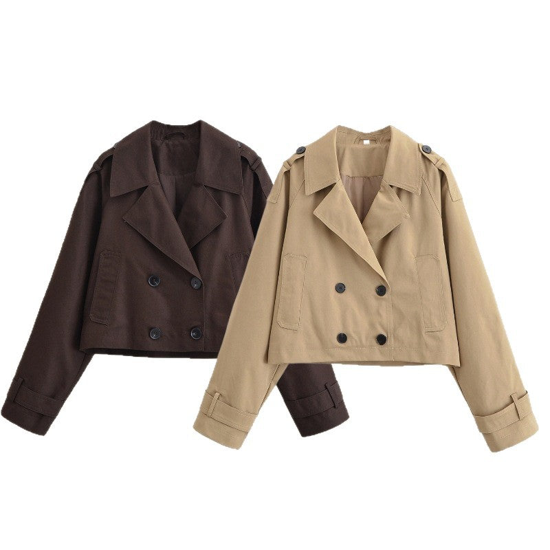 Damen Cropped Manteljacke im Trenchstil mit doppelreihiger Knopfleiste und Schulterklappen Nord Taschen