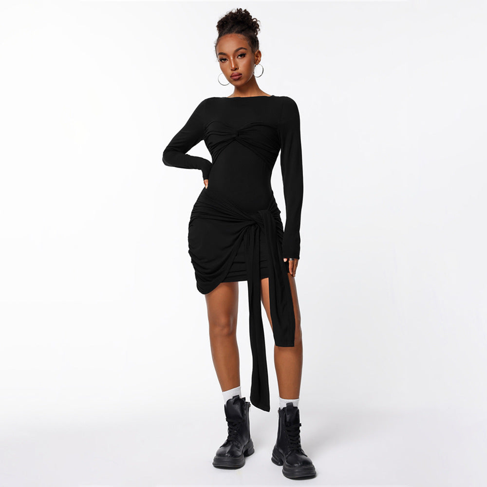 Damen figurbetontes Minikleid mit asymmetrischer Knotendrapierung, taillierter Raffung und langem Ärmelschal Nord Taschen