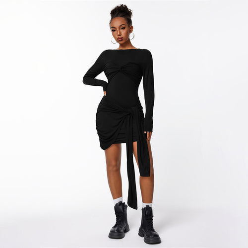 Damen figurbetontes Minikleid mit asymmetrischer Knotendrapierung, taillierter Raffung und langem Ärmelschal Nord Taschen