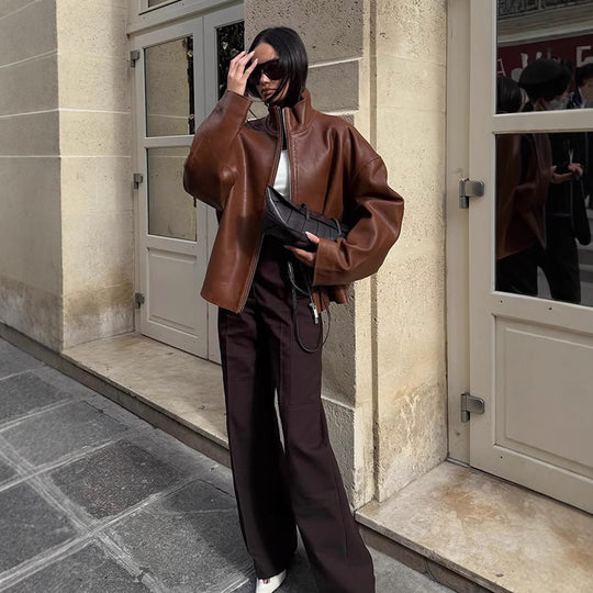 Damen Oversized Lederblouson mit soften Teddy-Innenfutter und Verdeckt-Reißverschluss Nord Taschen