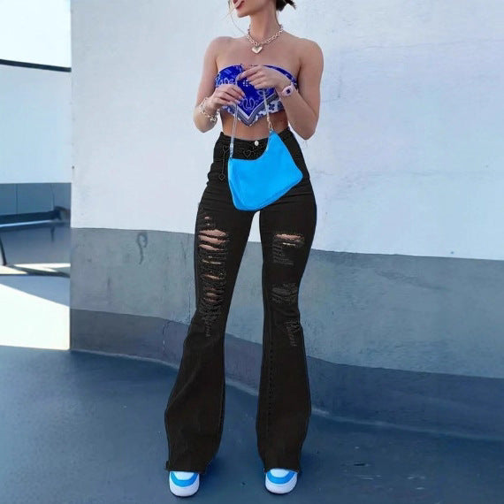 Damen Flared-Jeans mit hohem Bund, Sculpting-Schnitt und starkem Destroyed-Effekt Nord Taschen