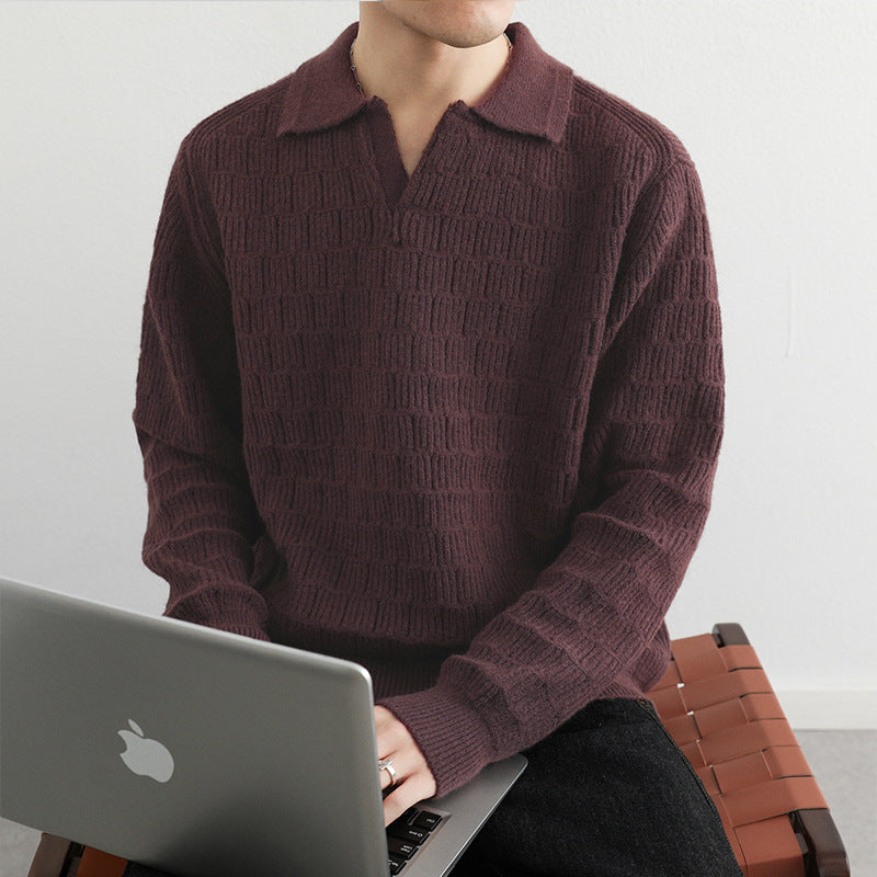 Herren Feinstrick-Polo-Pullover mit Strukturstrick und offenem V-Ausschnitt Nord Taschen