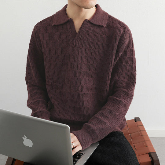 Herren Feinstrick-Polo-Pullover mit Strukturstrick und offenem V-Ausschnitt Nord Taschen