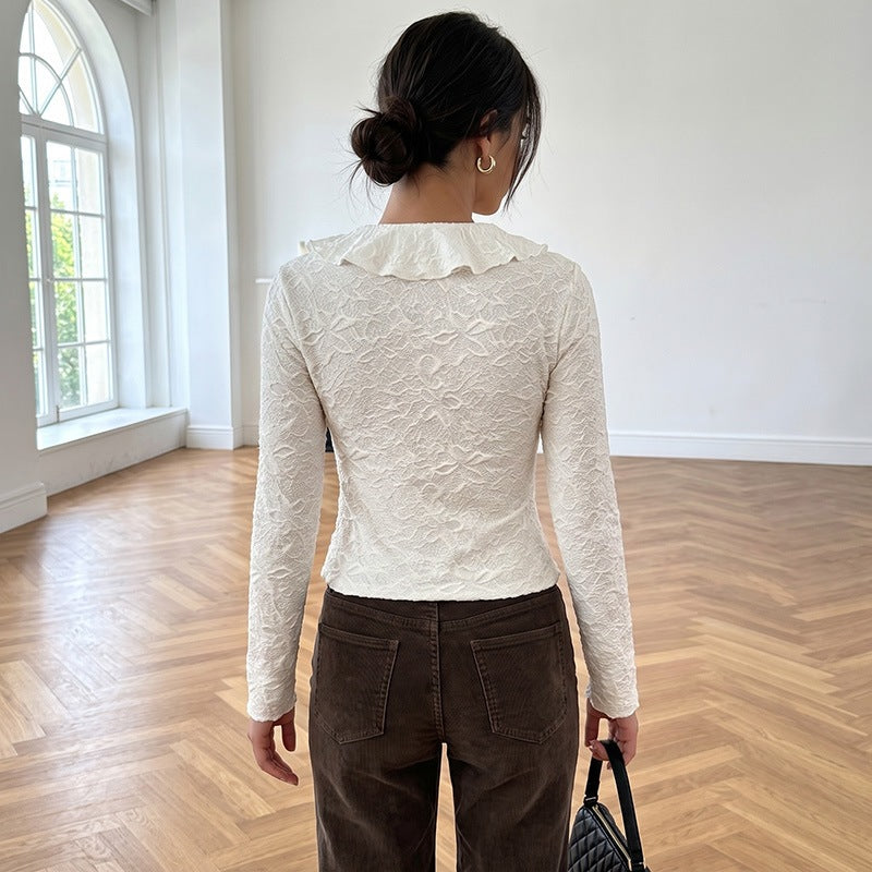 Damen Rüschenbluse aus Strukturjersey mit V-Ausschnitt und Bindeschleife Nord Taschen
