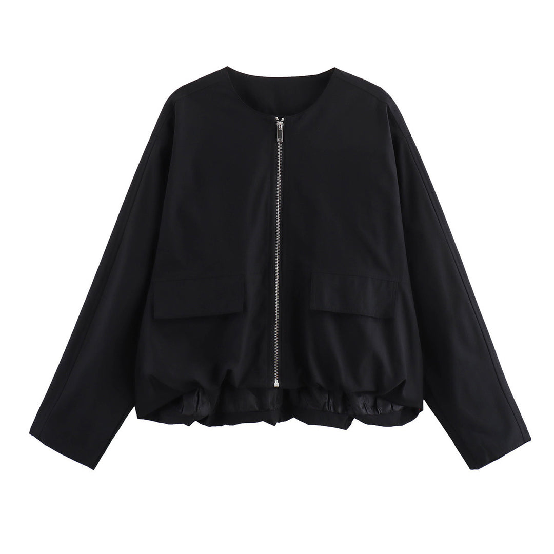 Damen Leichte Cropped-Workerjacke ohne Kragen mit Frontreißverschluss und Pattentaschen Nord Taschen