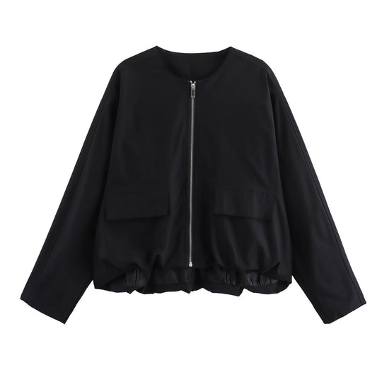 Damen Leichte Cropped-Workerjacke ohne Kragen mit Frontreißverschluss und Pattentaschen Nord Taschen