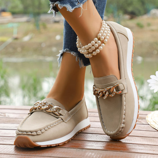 Damen Casual-Plateau-Loafer im Mokassin-Stil mit glitzernder Kettendekor und profilierter Gummisohle Nord Taschen