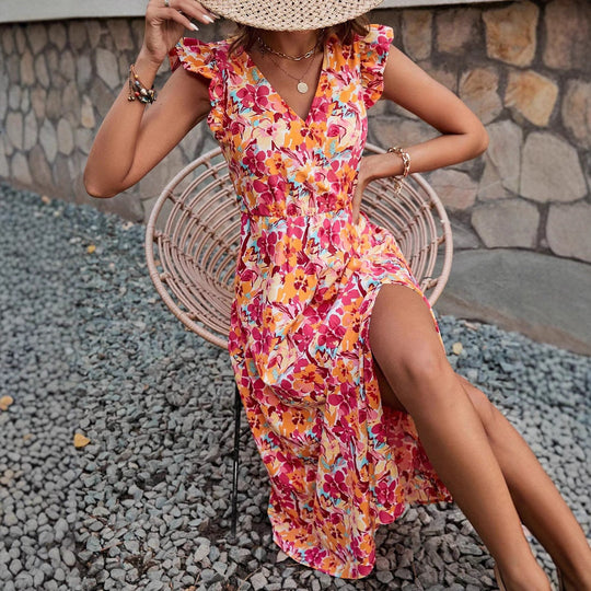 Damen Sommerliches Maxikleid mit Rüschendetails und floralem Design Nord Taschen