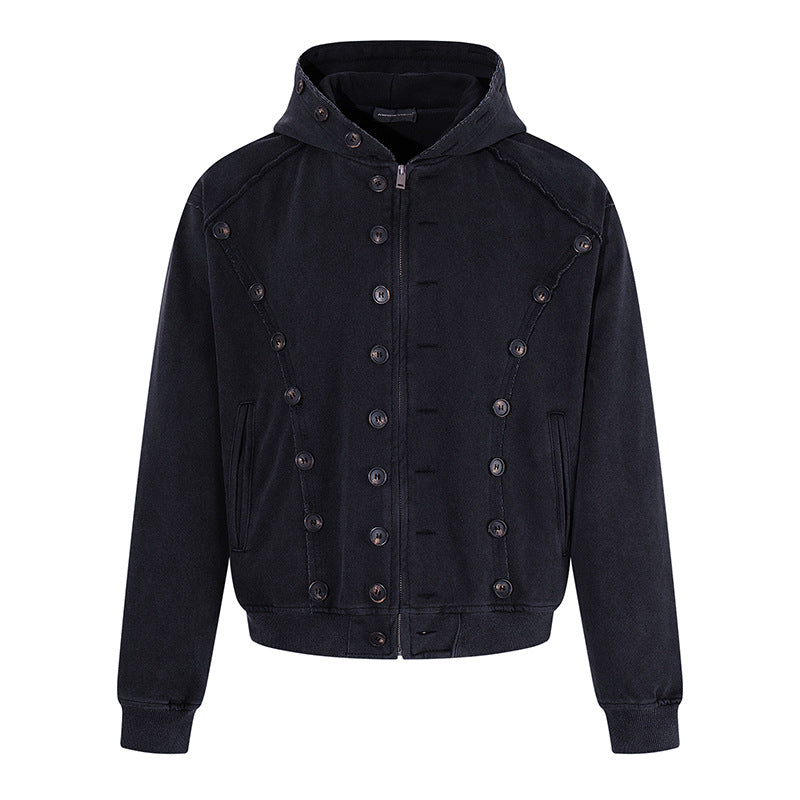 Herren Kapuzen-Zipjacke mit dekorischer Knopfreihe, vintage-inspirierter Waschung und elastischem Saum Nord Taschen