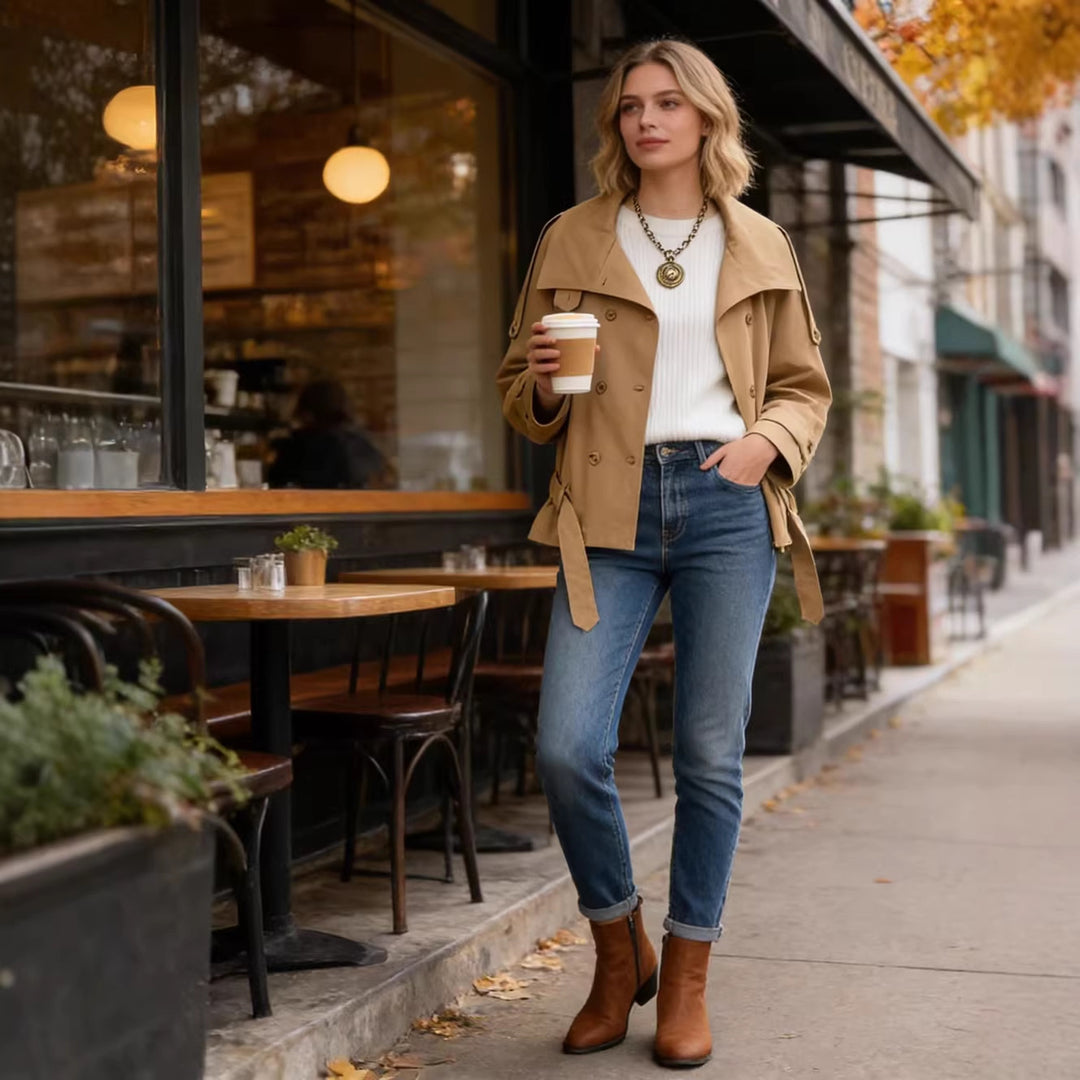 Damen Kurze Trenchjacke mit Capekragen, Schulterpatten und Schleifen-Taillengürtel Nord Taschen