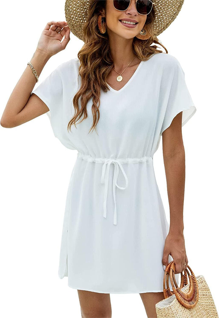 Damen Freizeit V-Ausschnitt Kordelzug Mini Kleid