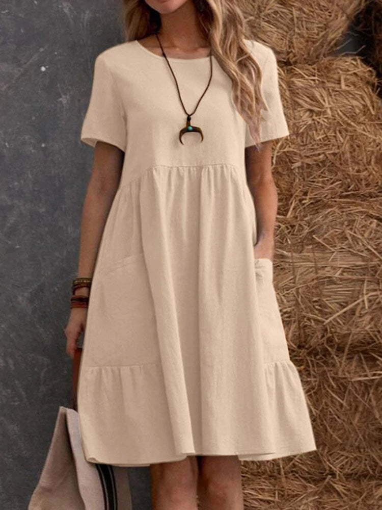 Damen Lockeres Baumwollkleid mit Taschen und Volant