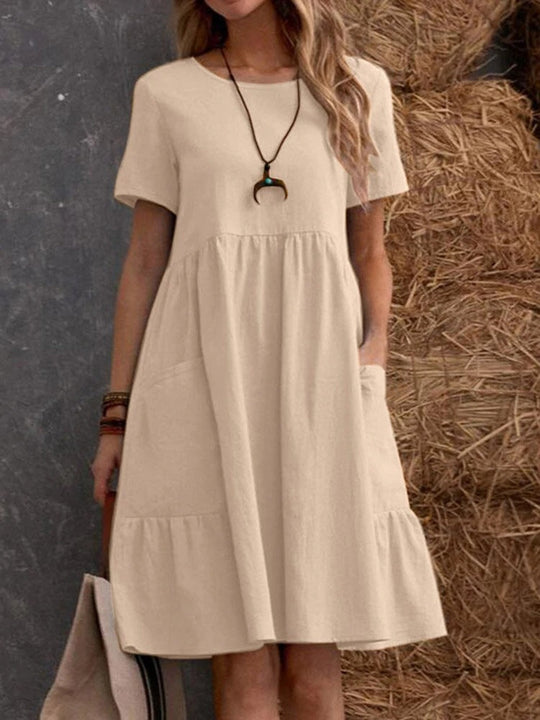 Damen Lockeres Baumwollkleid mit Taschen und Volant
