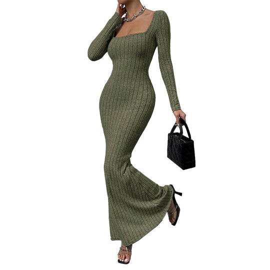 Damen geripptes Sculpting-Maxikleid mit Quadratausschnitt und taillierter Meerjungfrauen‑Silhouette Nord Taschen