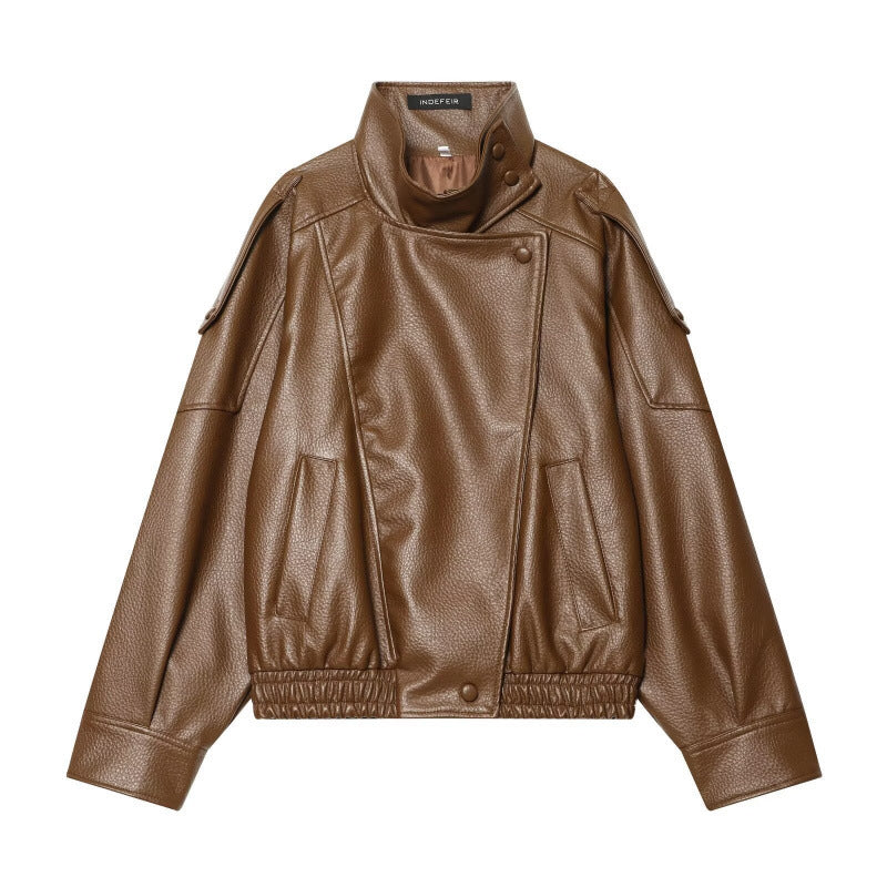 Damen Cropped Kunstleder‑Bomber mit asymmetrischer Druckknopfblende und Funnelkragen Nord Taschen