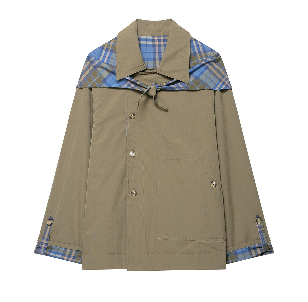 Damen 100+ kurzer Cape‑Trench mit karierter Innenverarbeitung und Knotenverschluss Nord Taschen