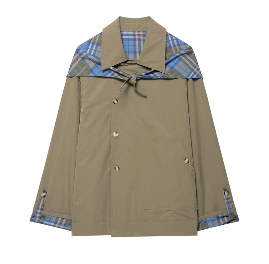 Damen 100+ kurzer Cape‑Trench mit karierter Innenverarbeitung und Knotenverschluss Nord Taschen