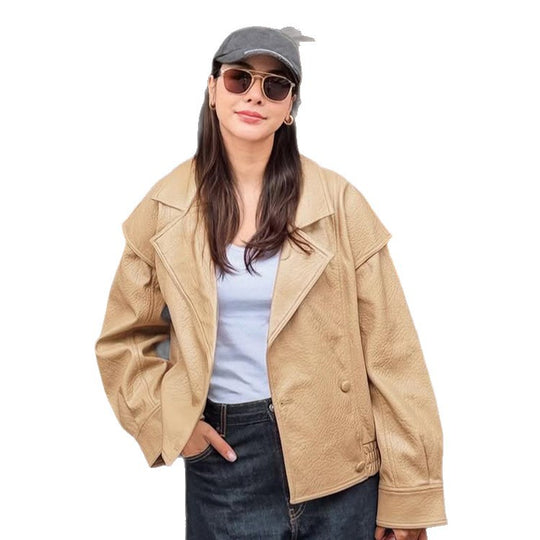 Damen Oversize-Lederimitat-Bomberjacke mit Boxy-Schnitt und weitem Revers Nord Taschen