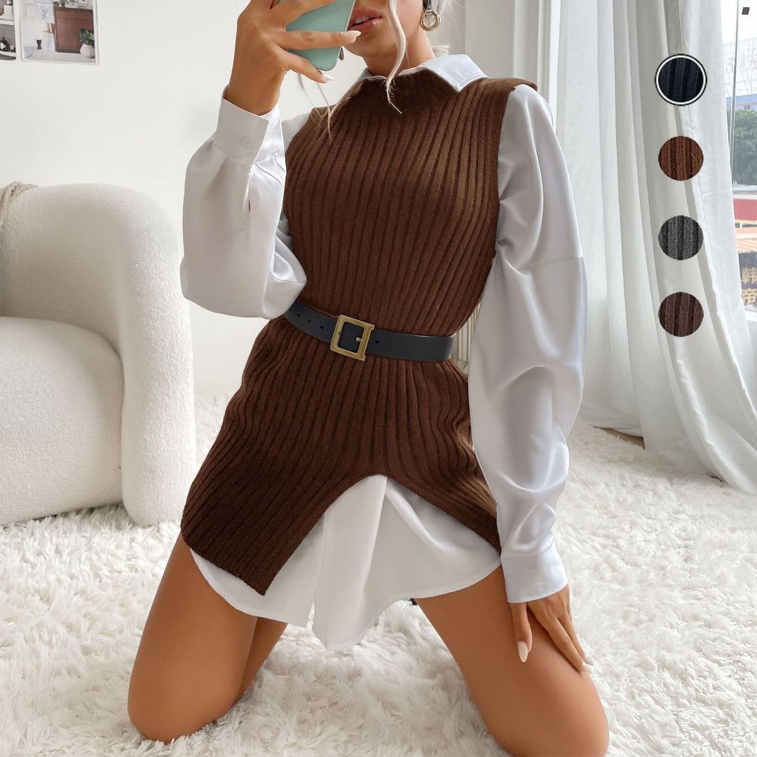 Damen Gerippte Longweste mit Seitenschlitzen, taillierendem Gürtel und Longline-Schnitt Nord Taschen