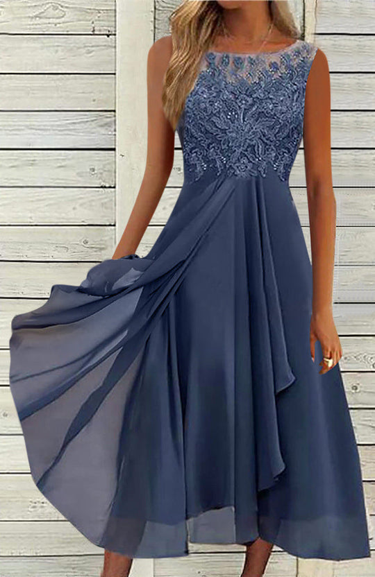 Damen nan ärmelloses Chiffon-Midikleid mit bestickter Illusionsspitze, Schiff-Ausschnitt und mehrlagigem Schwingrock