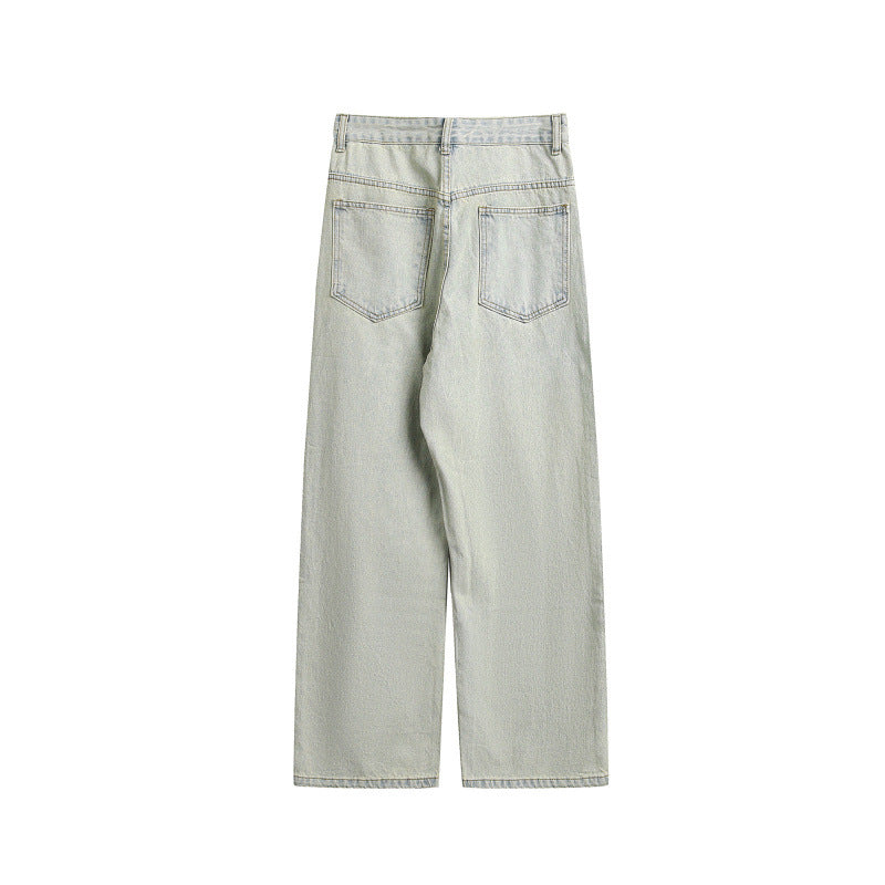 Damen Weite Utility-Denimhose mit Knie‑Patch, hohem Bund und geradem Bein Nord Taschen