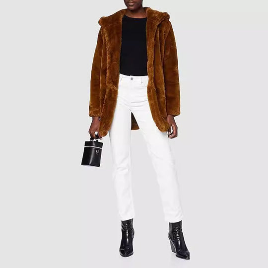 Damen Midilanger Kunstpelzmantel mit Kapuze, Teddy-Finish und verdeckter Knopfleiste Nord Taschen