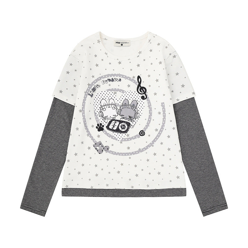 Damen Lagen-Langarmshirt mit Sternen-Allover, gestreiften Einsatzärmeln und Comic-Hasen-Frontprint Nord Taschen