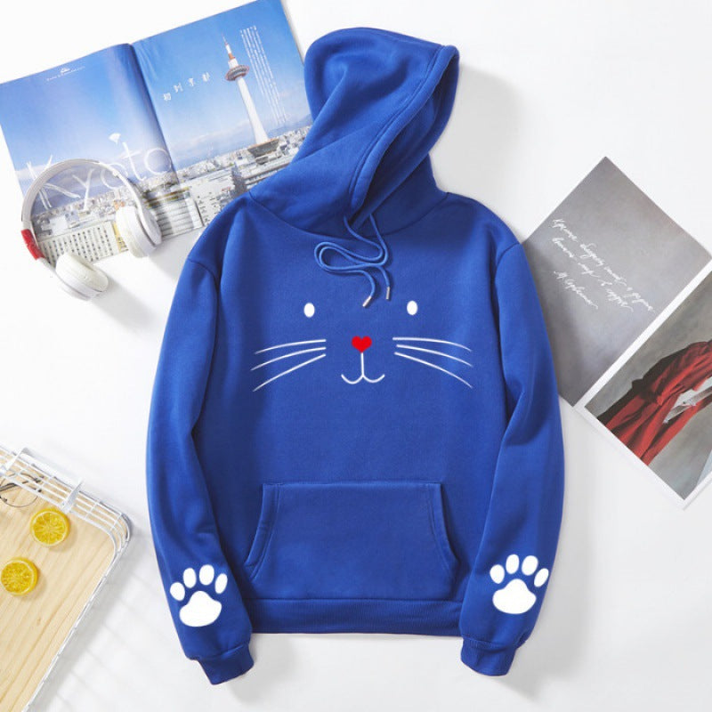 Damen nan Kapuzenpullover mit gedrucktem Katzenmotiv, Kängurutasche und Pfotenapplikationen Nord Taschen