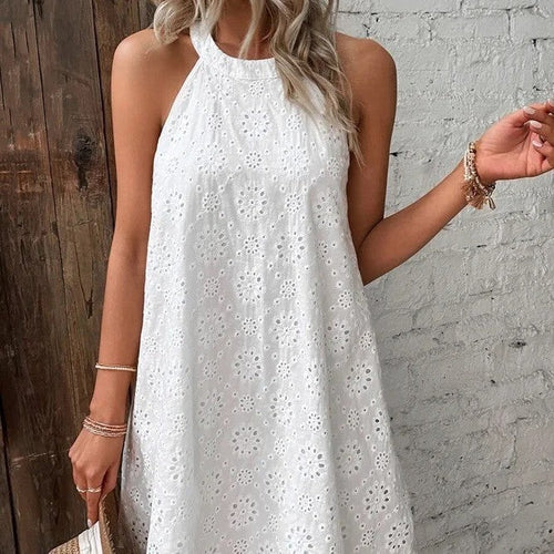 Damen luftiges Sommerkleid mit hohem Hals und femininen Details