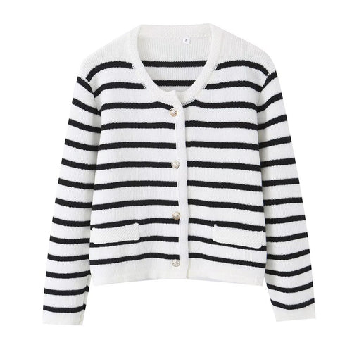 Damen Gestreifte Feinstrick‑Cardigan mit Rundhalsausschnitt, aufgesetzten Taschen und Zierknöpfen Nord Taschen