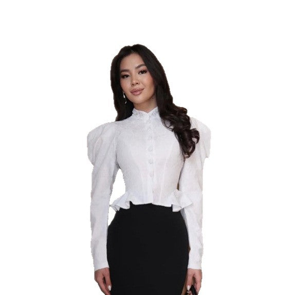 Damen Taillierte Jacquard-Bluse mit Stehkragen, Puffärmeln und Volant-Saum Nord Taschen