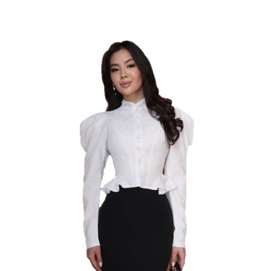 Damen Taillierte Jacquard-Bluse mit Stehkragen, Puffärmeln und Volant-Saum Nord Taschen