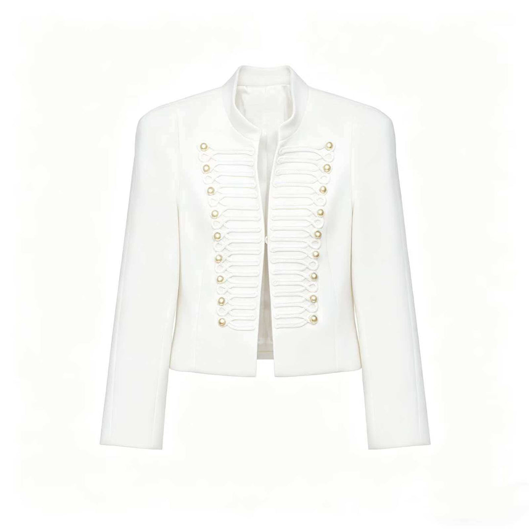 Damen Cropped Blazer im Husarenstil mit Stehkragen, Zierkordeln und Messingknöpfen Nord Taschen