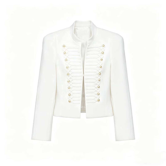 Damen Cropped Blazer im Husarenstil mit Stehkragen, Zierkordeln und Messingknöpfen Nord Taschen
