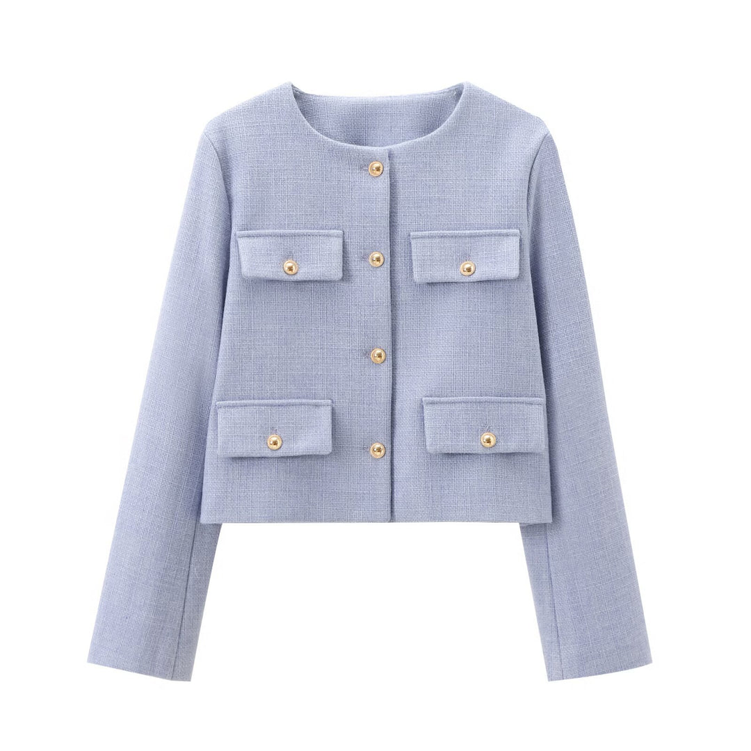 Damen Bouclé-Cropped-Jacke mit vier Pattentaschen und goldenen Schmuckknöpfen Nord Taschen