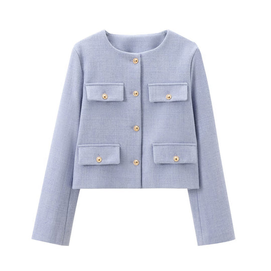 Damen Bouclé-Cropped-Jacke mit vier Pattentaschen und goldenen Schmuckknöpfen Nord Taschen